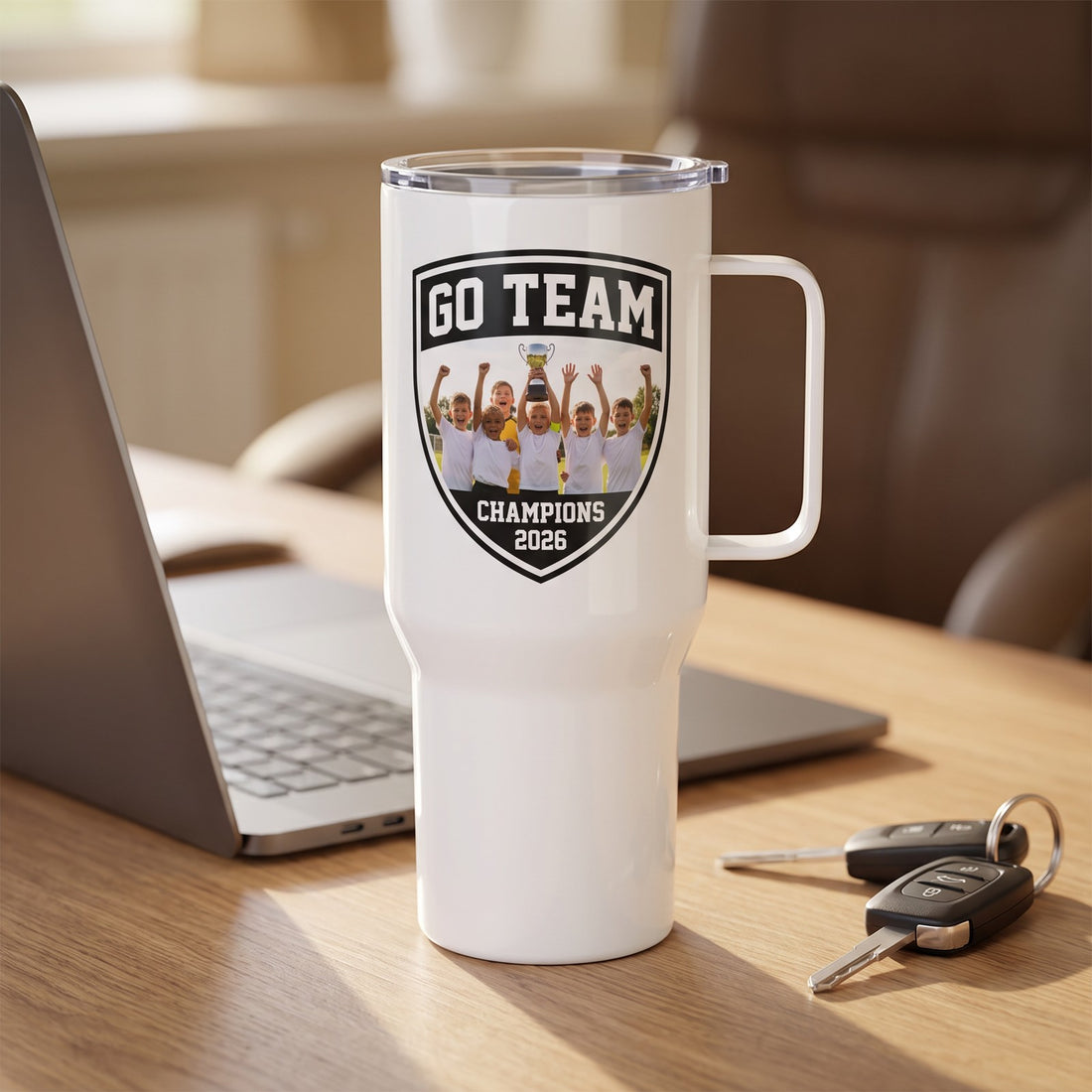 Photo Travel Tumbler with Handle, 25 oz, with a design printed on it