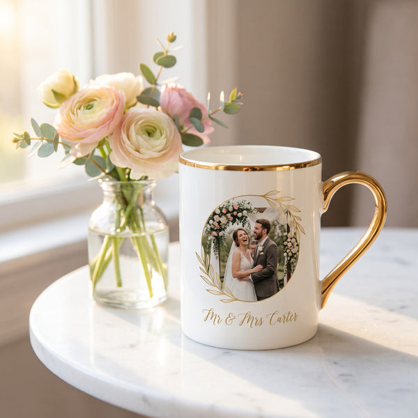Gold Rim Photo Mug, 10 oz, with a design printed on it | hhs