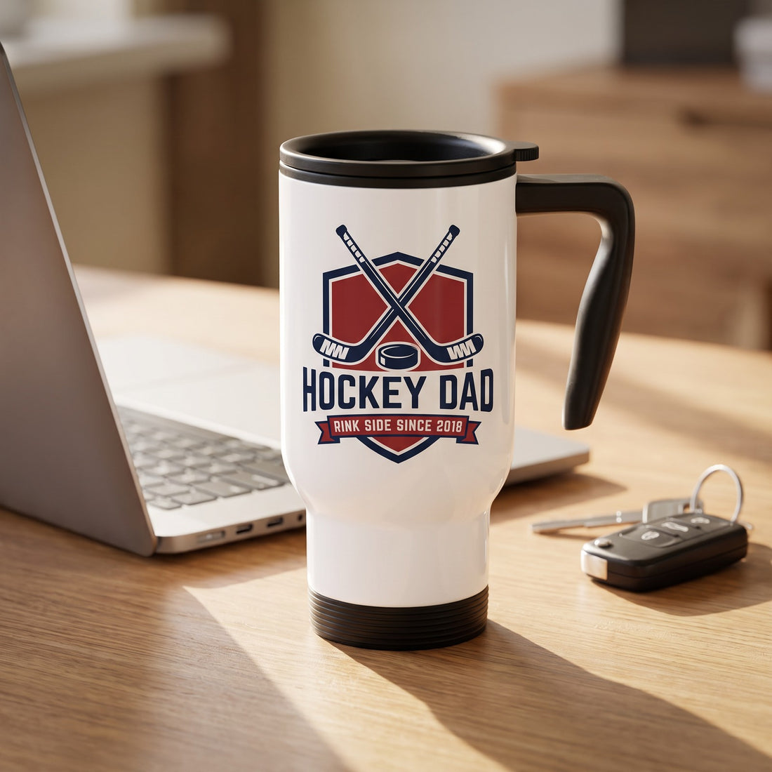 Stainless Photo Travel Mug, 14 oz, with a design printed on it