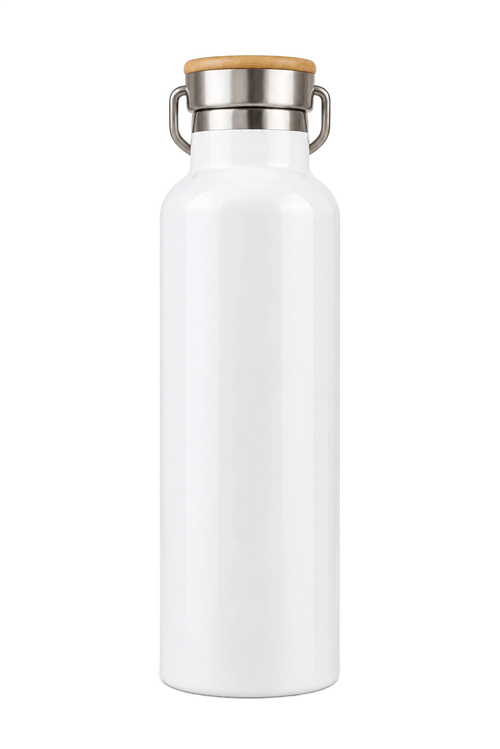 25 oz Stainless Photo Bottle with Bamboo Lid, White, plain | hhs