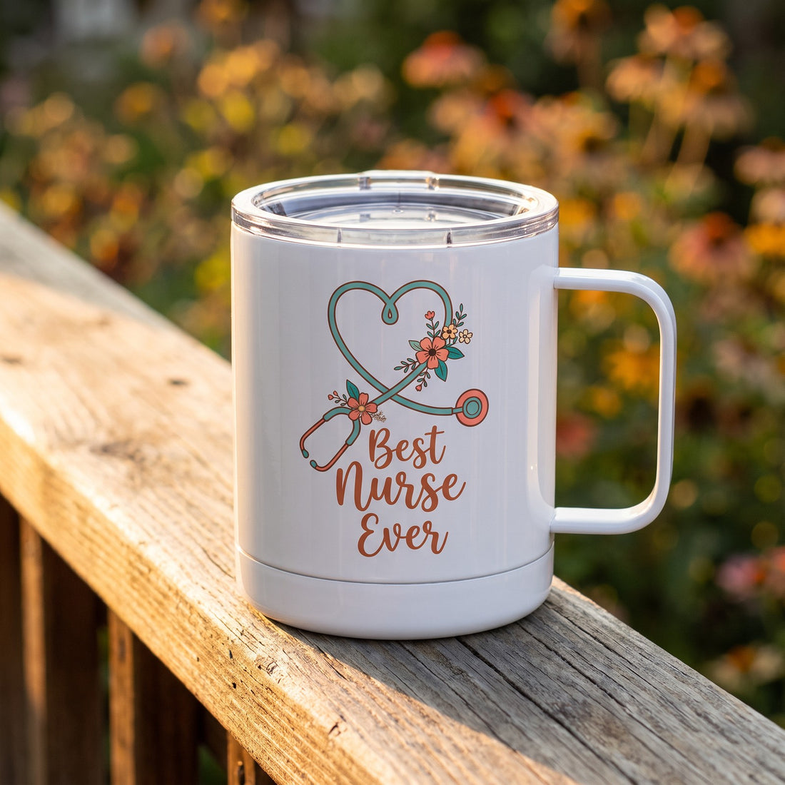 12 oz Stainless Photo Coffee Cup, White, with a design printed on it