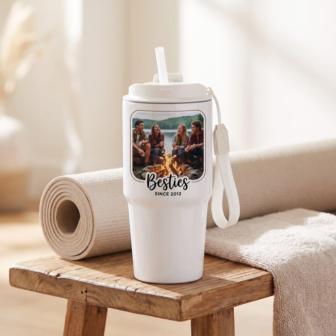 20 oz Stainless Photo Tumbler with Carry Lid, White, with a design printed on it