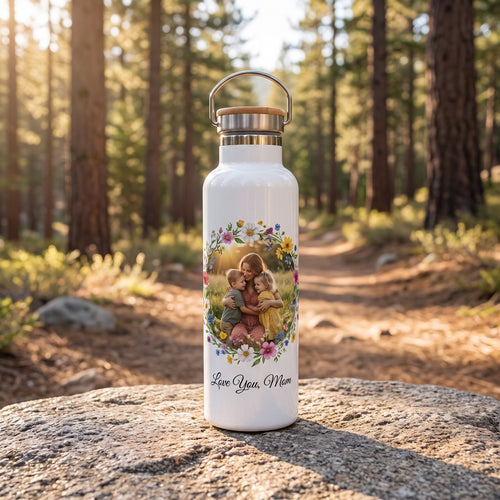 25 oz Stainless Photo Bottle with Bamboo Lid, White, with a design printed on it | hhs