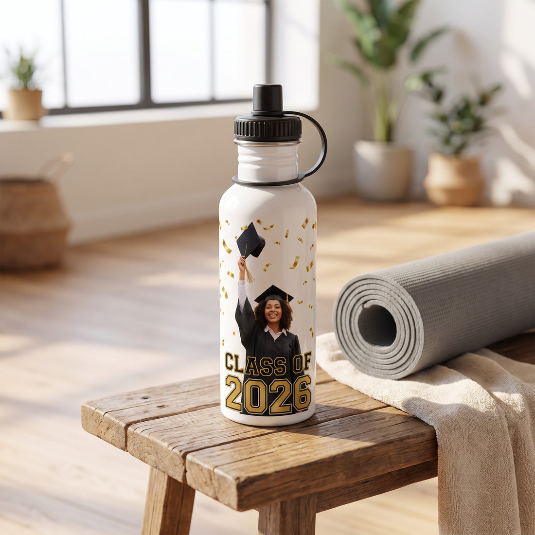 20 oz Stainless Photo Water Bottle, White, with a design printed on it