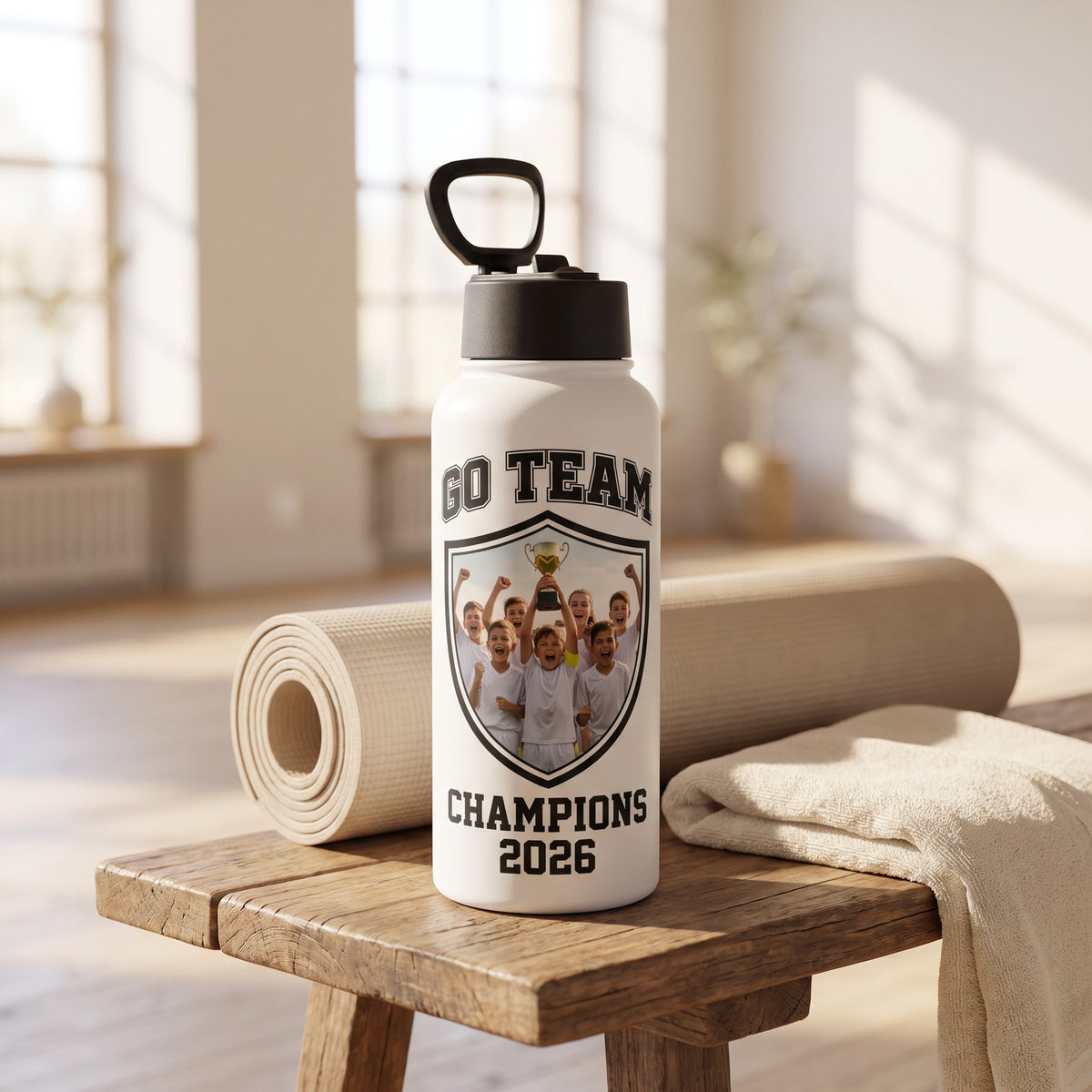 32 oz Stainless Photo Water Bottle, White, with a design printed on it | hhs